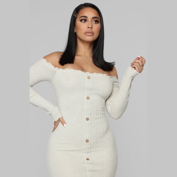 Fashion Nova Jaclyn off shoulder mini dress oatmeal - Picture 2 of 8